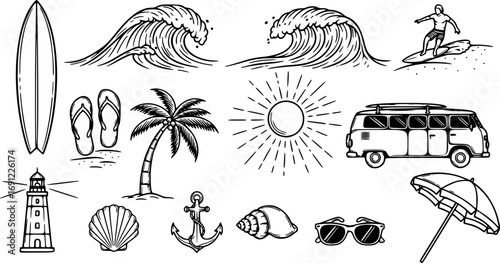 Surf-Themed Vector Art Illustrations. Tropical Summer Vibes with Surfboards, Ocean Waves, and Beach Elements