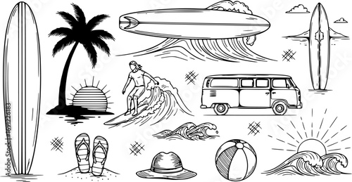 Surf-Themed Vector Art Illustrations. Tropical Summer Vibes with Surfboards, Ocean Waves, and Beach Elements