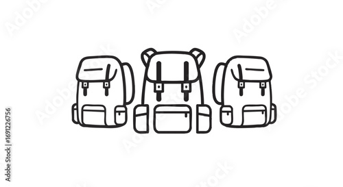 Minimalist Backpacks in a Row A Simple Line Art Illustration for Travel and Hiking