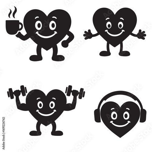 Vector art of a collection of heartshaped characters engaged in various activities, such as drinking coffee, exercising, listening to music, and spreading joy