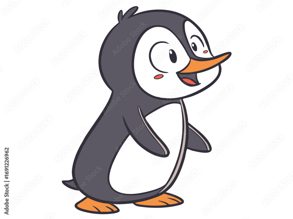 Fototapeta premium A fun cartoon illustration of a cute baby penguin family playing in the snow and ice of Antarctica