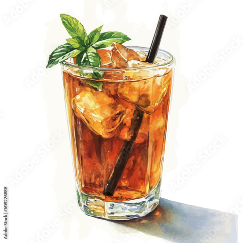 Iced Tea, watercolor vector, isolated on a white background.