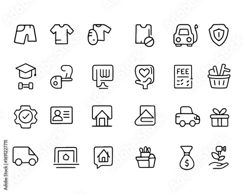Set of outline icons related to common monthly expenses. Linear icon collection