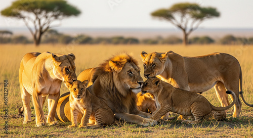 Majestic lion pride family bonding together at sunset in the African savanna, a heartwarming wildlife moment