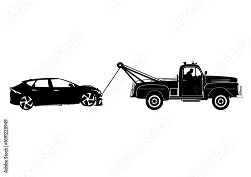 Silhouette of a tow truck towing a car after an accident. Damaged car. Tow truck. Vector