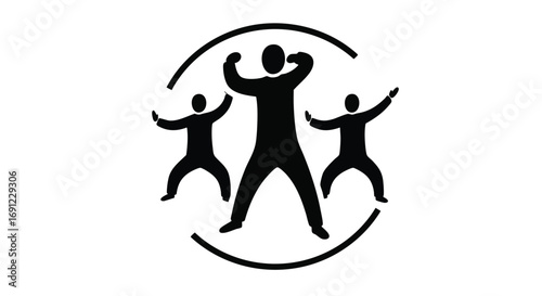 Silhouette of three people in dynamic poses, emblem for activity, fitness, or group exercise