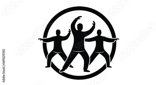 Abstract vector icon of three human figures practicing a group exercise like Tai Chi in a circle, symbolizing community wellness and balance
