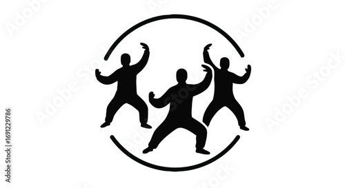 Symbolic illustration of three stylized figures in martial arts or Tai Chi poses, encircled, embodying balance, discipline, and unity for health and cultural concepts
