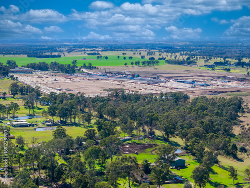 Sticker Drone aerial photograph of a large construction site near to the new Western Sydney International Airport in the Greater Western Sydney suburb of Badgerys Creek in New South Wales, Australia