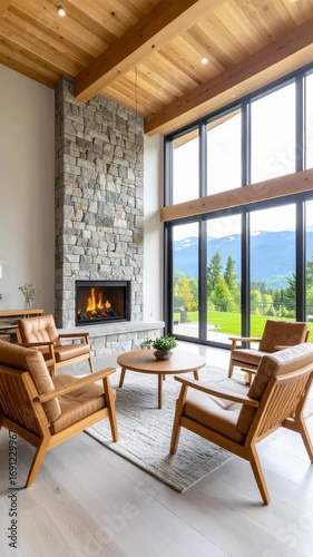 Interior living room design showcasing stone fireplace, wooden ceiling, and large view window overlooking mountains and trees with brown leather chairs.