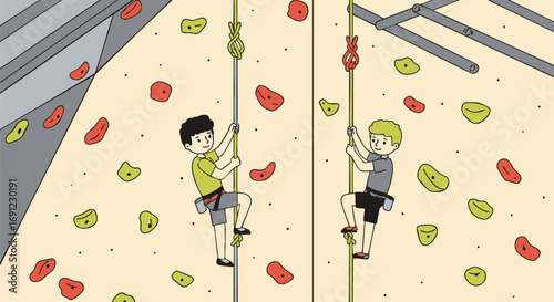 Two young male friends in safety harnesses enjoying a recreational indoor rock climbing session on an artificial wall at a modern gym