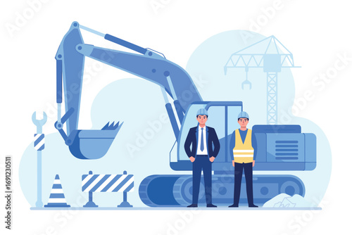 Construction team managers overseeing excavator operation on building site for industrial project development transparent background