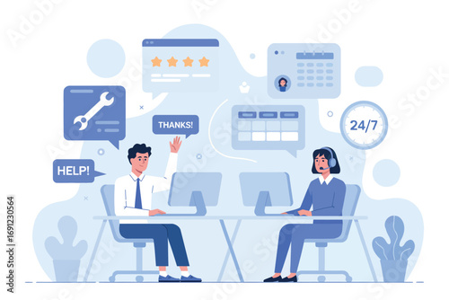 Business customer support team providing online assistance with digital communication tools and technology transparent background