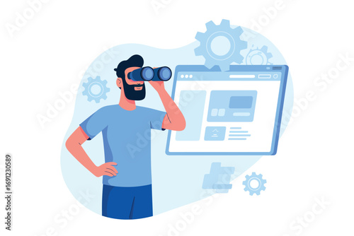Bearded man looking through binoculars at digital interface online business analysis and strategy concept transparent background