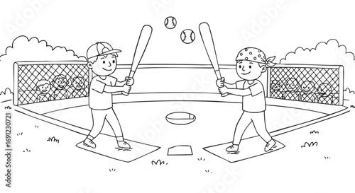 Baseball Fun Two Kids Playing on the Field, Ready to Bat and Enjoy a Sunny Day