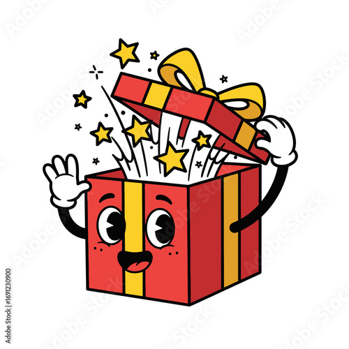 Cartoon Gift Box with Arms, Face, and Stars