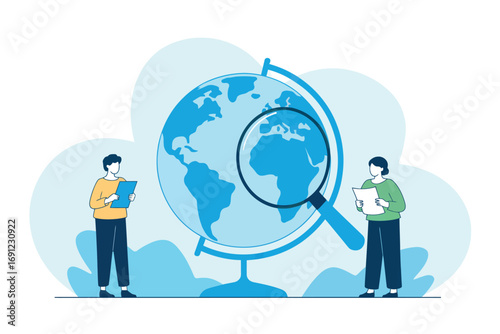 Global research and discovery with magnifying glass and globe concept transparent background