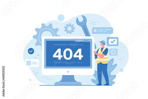 Website error 404 page not found concept with person and computer screen showing error message and tools for repair and fix transparent background