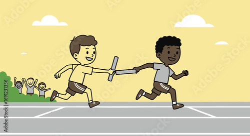 Illustration of two diverse boys passing a baton during a relay race on a track, demonstrating teamwork and sportsmanship at a school event