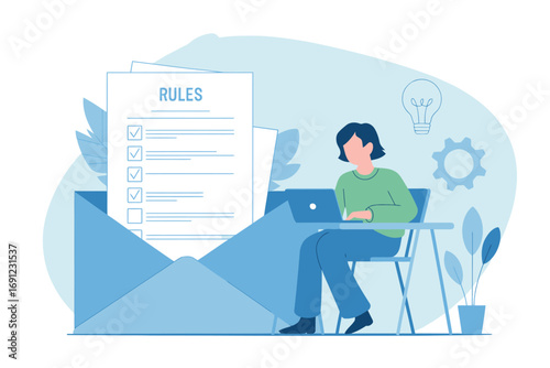 Business woman working on laptop with email form digital communication concept abstract design elements transparent background