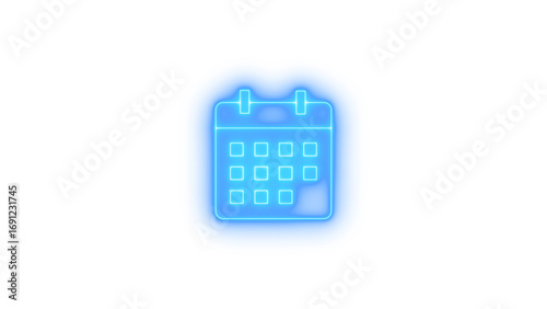 Glowing neon blue calendar icon representing dates and planning isolated on transparent background