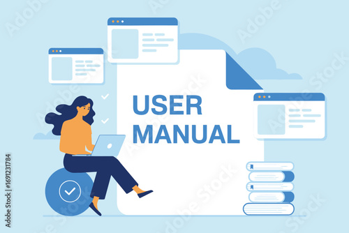 Person studying user manual and documentation information on digital screens for learning and assistance transparent background