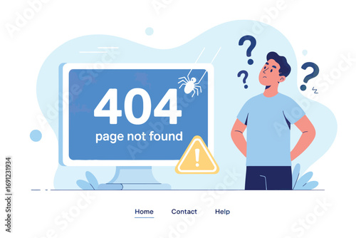 Confused man facing computer displaying 404 page not found error with question marks above transparent background