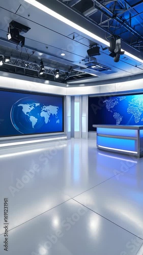 Clean television studio set with blue world maps on screens, lighting rig, shiny floor, and empty blue reception desk