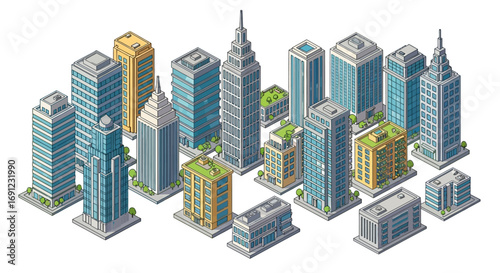 Isometric Cityscape A Collection of Modern Skyscrapers and Buildings