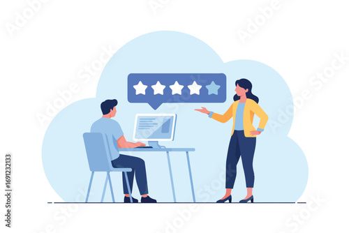 Business team reviews customer feedback online with five stars rating and laptop transparent background