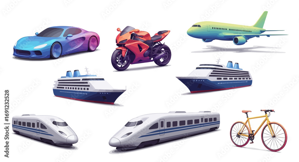 Obraz premium A vibrant collection of modern transportation vehicles, featuring sleek designs for land, air, and sea travel, embodying dynamic global mobility and illustrative appeal