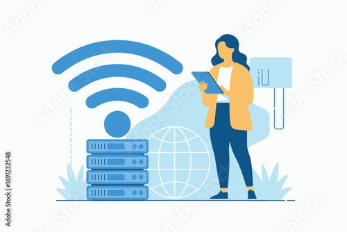 Woman interacts with digital network servers and wi-fi signal for modern business technology and connectivity concepts transparent background
