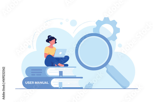 Woman reading on stack of books next to magnifying glass symbolizing research and learning online transparent background