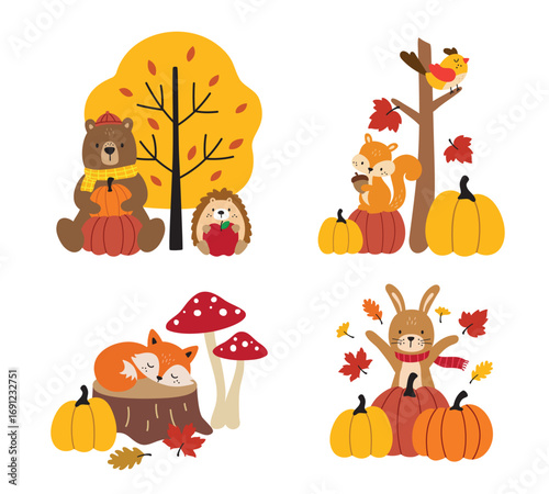 Fall woodland animals vector illustration features a bear, fox, squirrel, rabbit, bird, and hedgehog in an autumn forest scene with pumpkins and fall leaves.