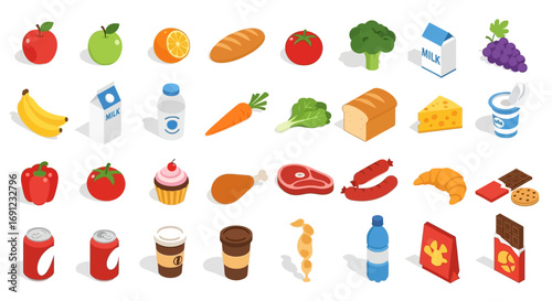 Isometric collection of 3D food and drink icons representing a variety of grocery store products for nutritional concepts