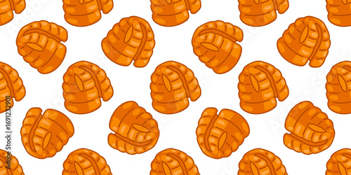 Seamless Orange Puffer Vest Pattern. Orange puffer vest in cartoon flat style. Seamless warm illustration on light background.