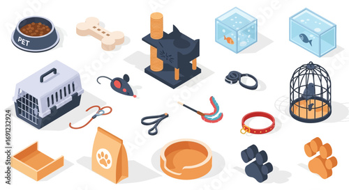 A detailed isometric collection of pet care supplies and accessories, including food, toys, and habitats for various domestic animals