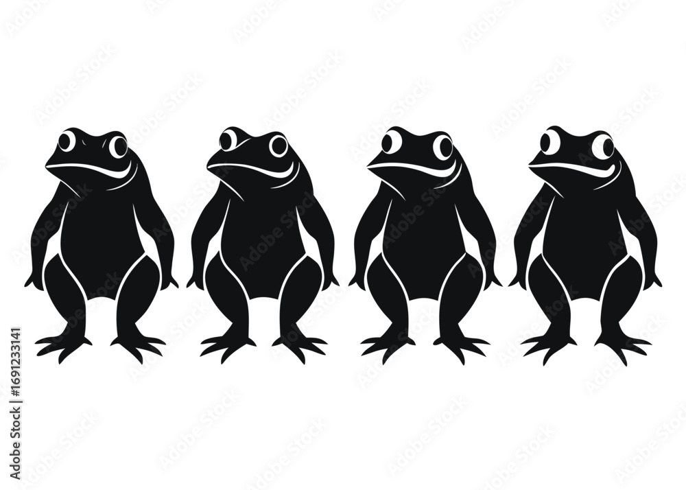 Fototapeta premium Four Standing Frogs in a Row Black Silhouette