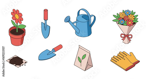 Gardening essentials A colorful illustration of tools and elements for your garden