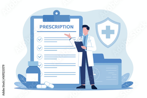 Doctor prescribing medication shows prescription document with medical shield and pharmacy bottle transparent background