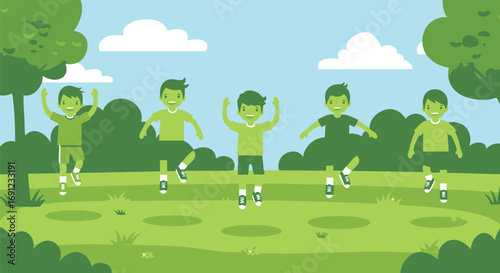 Vibrant illustration of five animated boys in matching green attire actively participating in a joyful outdoor fitness routine within a sunny park landscape