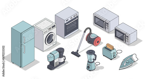 A detailed isometric vector illustration set of essential household and kitchen appliances for modern home life