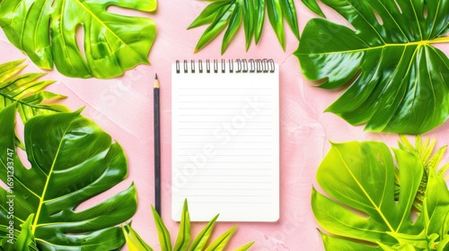 Notepad with Green Tropical Leaves on Pink Background for Nature and Environment Content