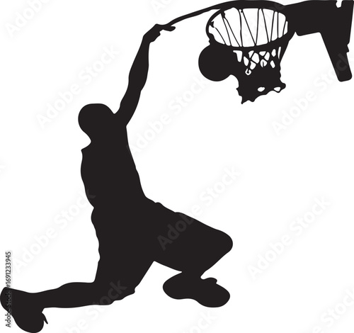 Black silhouette of a basketball player dunking a ball into a hoop slam dunk
