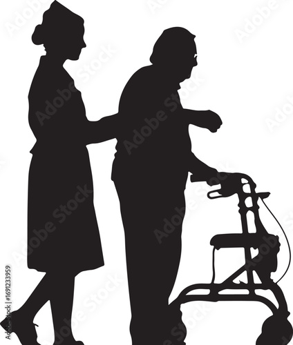 Silhouette of a nurse assisting an elderly person with a walker caregiver senior