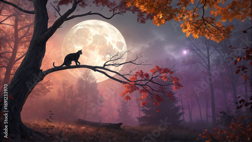 Full Hunter’s Moon shining over dark forest with owl on tree