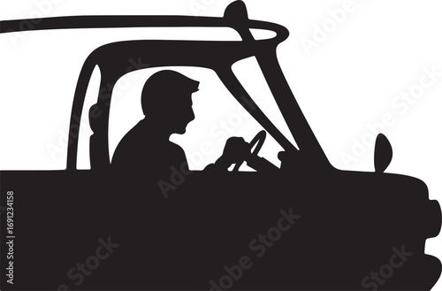 Black silhouette of a man driving a pickup truck vector