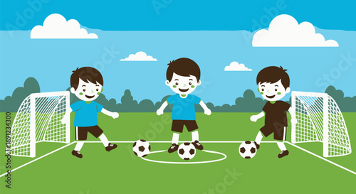 Children playing football on a grassy field with soccer balls and goals under a bright sky with clouds