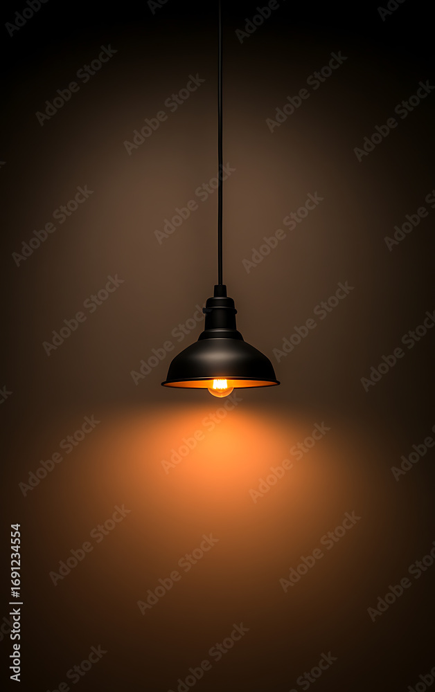 Obraz premium Pendant light: illuminated, classic style, vintage. Suspended from a dark cord, casting a warm glow on the brown wall beneath it.