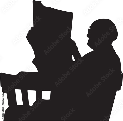 Black silhouette of an elderly man sitting in a chair reading a newspaper vector